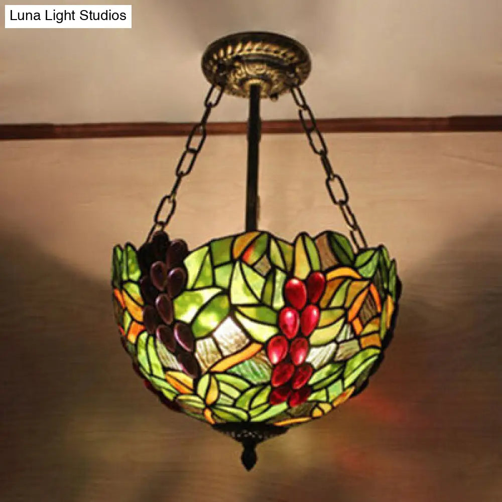 Rustic Green Leaf Pattern Ceiling Light Fixture - Inverted Bowl Design, Ideal for Foyer, Semi Flush Mount