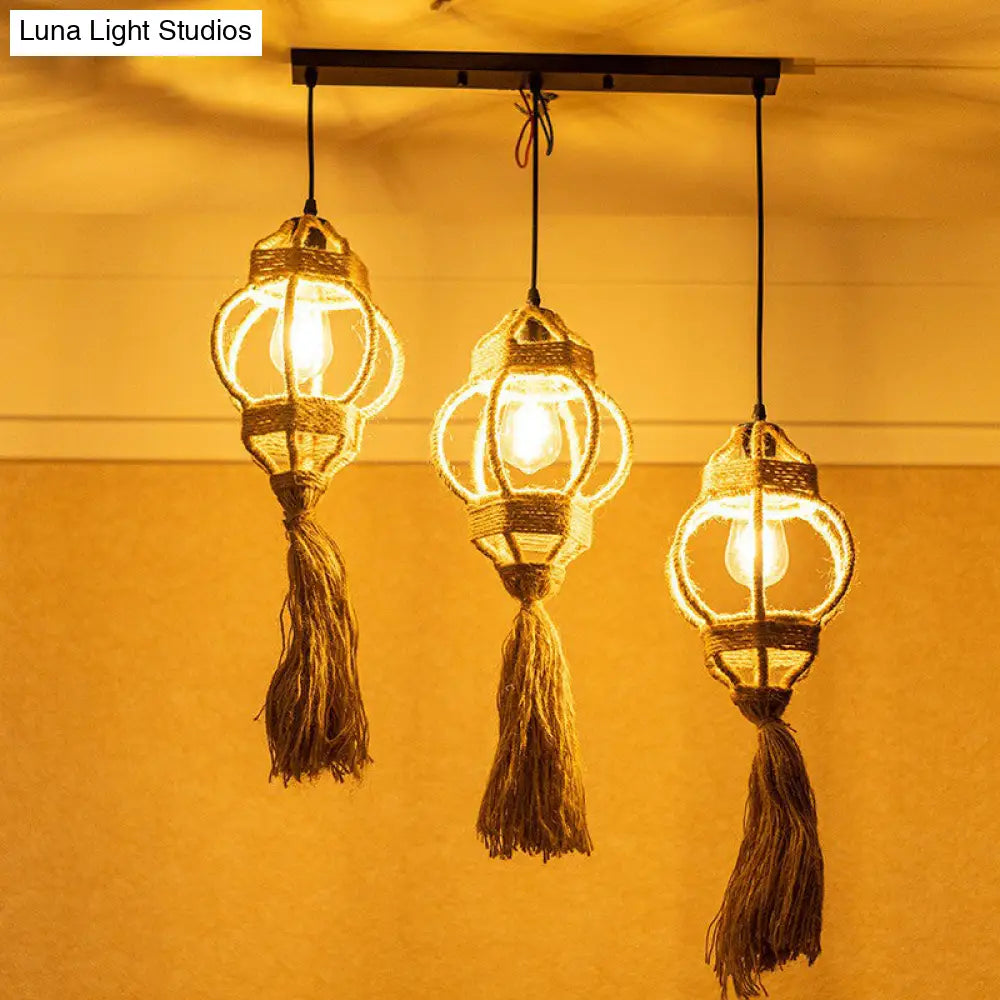 Rustic Hand-Crafted Kitchen Ceiling Light: Farmhouse Hemp Rope Pendant with Brown Cluster, 3/6-Head Design & Round/Linear Canopy