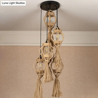 Rustic Hand-Crafted Kitchen Ceiling Light: Farmhouse Hemp Rope Pendant with Brown Cluster, 3/6-Head Design & Round/Linear Canopy