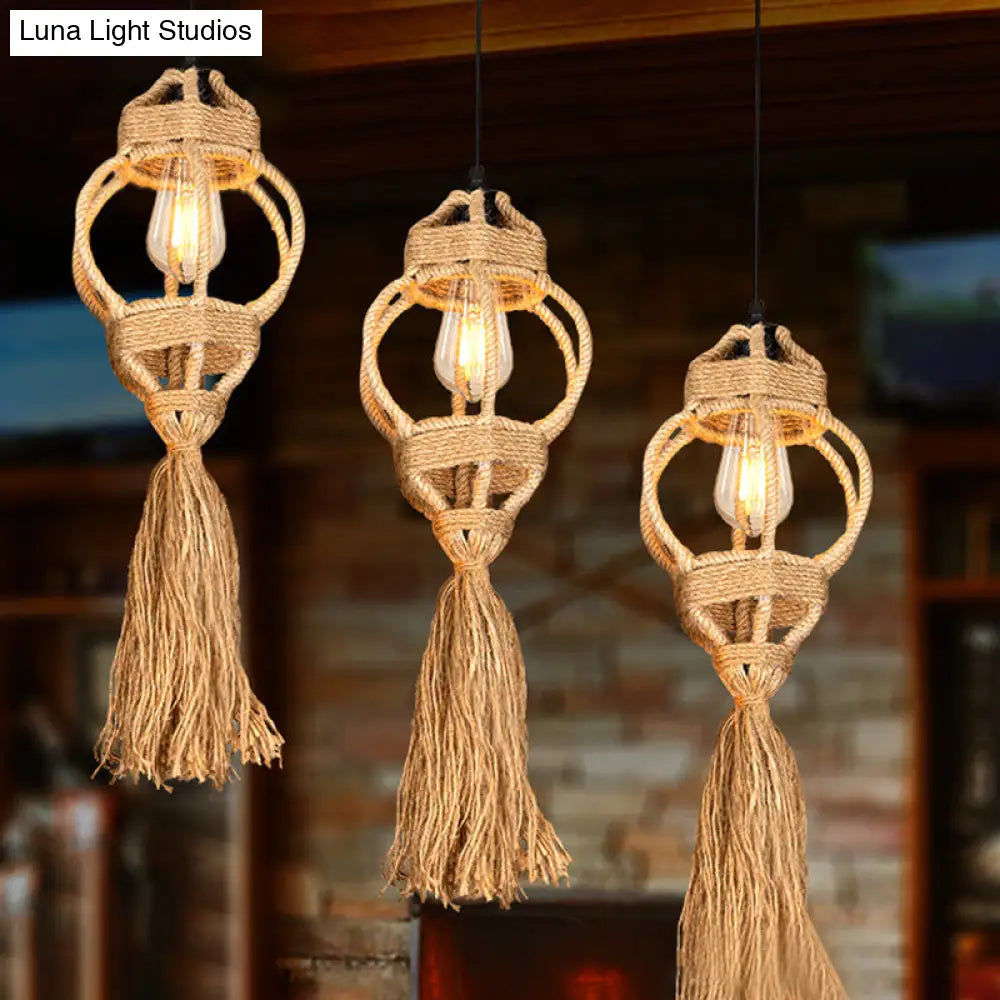 Rustic Hand-Crafted Kitchen Ceiling Light: Farmhouse Hemp Rope Pendant with Brown Cluster, 3/6-Head Design & Round/Linear Canopy