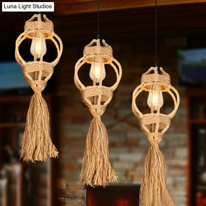 Rustic Hand-Crafted Kitchen Ceiling Light: Farmhouse Hemp Rope Pendant with Brown Cluster, 3/6-Head Design & Round/Linear Canopy