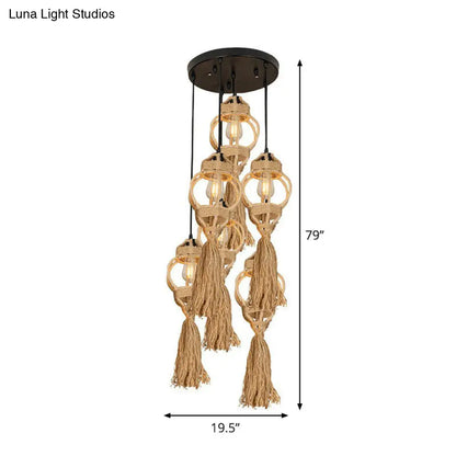 Rustic Hand-Crafted Kitchen Ceiling Light: Farmhouse Hemp Rope Pendant with Brown Cluster, 3/6-Head Design & Round/Linear Canopy