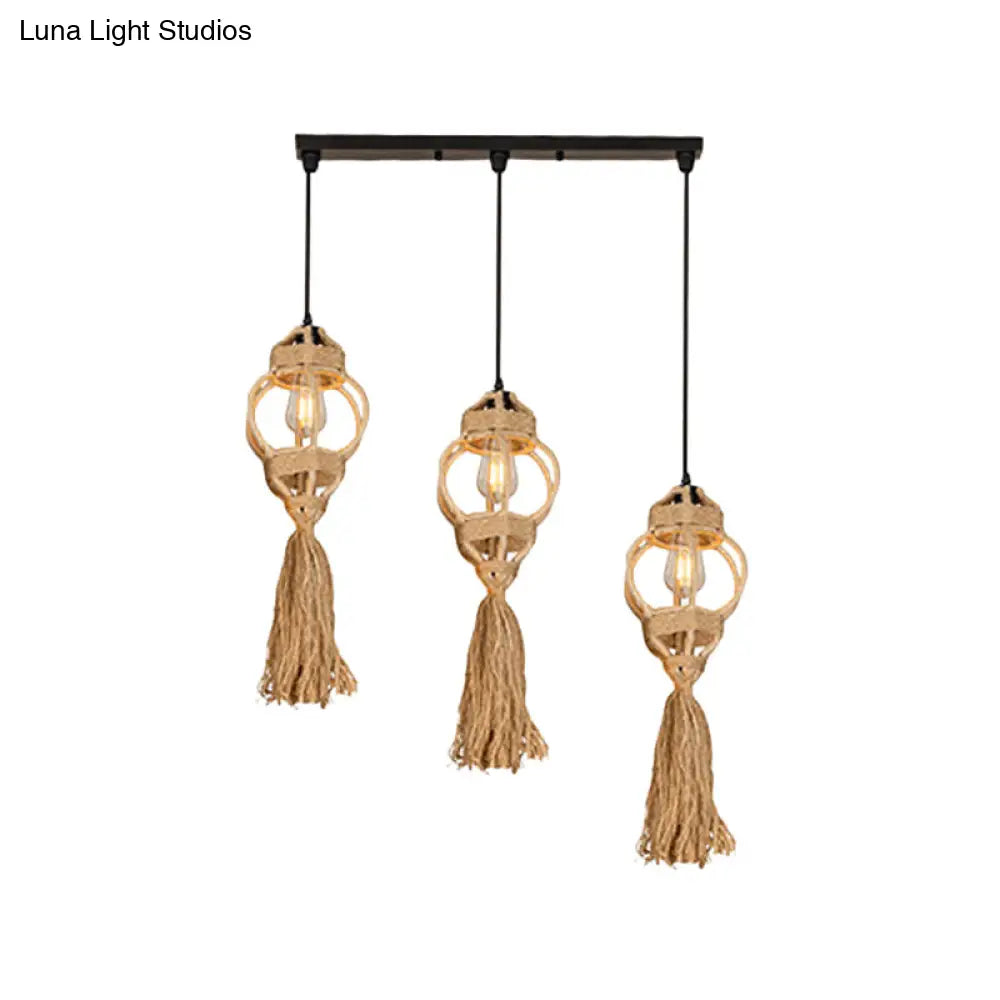 Rustic Hand-Crafted Kitchen Ceiling Light: Farmhouse Hemp Rope Pendant with Brown Cluster, 3/6-Head Design & Round/Linear Canopy