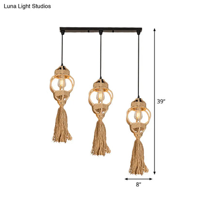 Rustic Hand-Crafted Kitchen Ceiling Light: Farmhouse Hemp Rope Pendant with Brown Cluster, 3/6-Head Design & Round/Linear Canopy