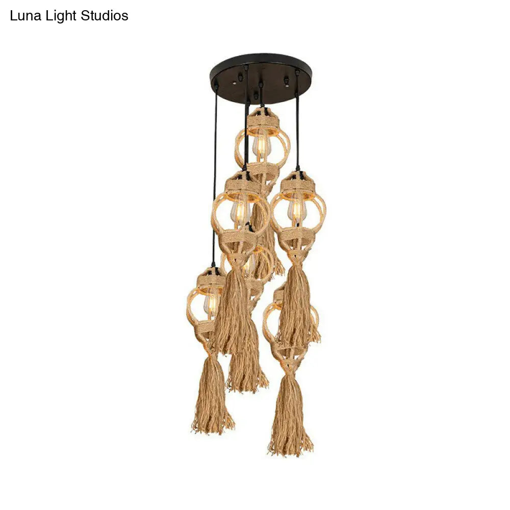 Rustic Hand-Crafted Kitchen Ceiling Light: Farmhouse Hemp Rope Pendant with Brown Cluster, 3/6-Head Design & Round/Linear Canopy