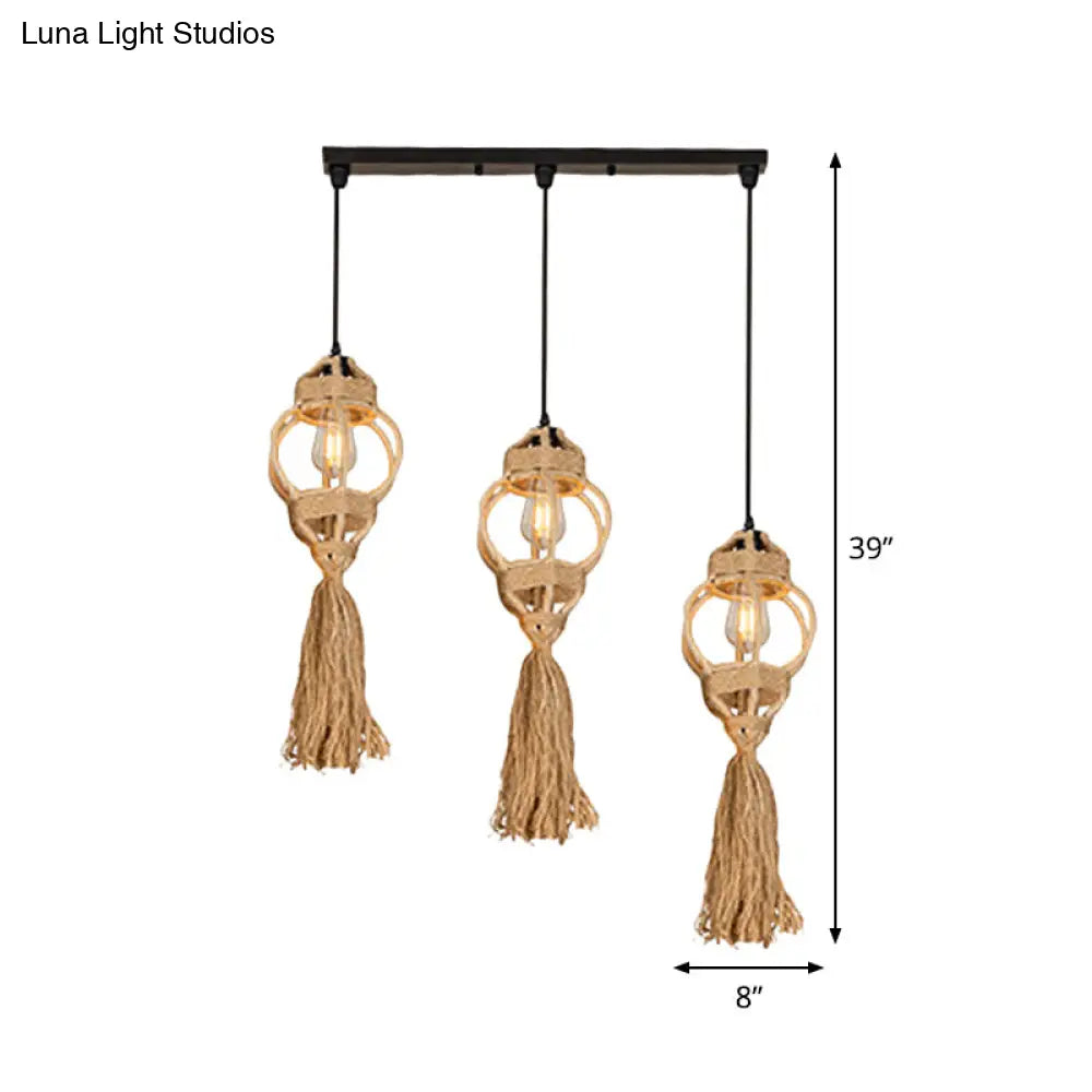 Rustic Hand-Crafted Kitchen Ceiling Light: Farmhouse Hemp Rope Pendant with Brown Cluster, 3/6-Head Design & Round/Linear Canopy