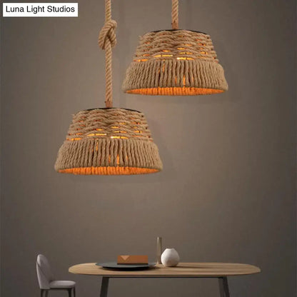 Rustic Hand-Weaving Rope Tapered Pendant in Brown for Country Club Ceiling Hang Light with 1 Bulb