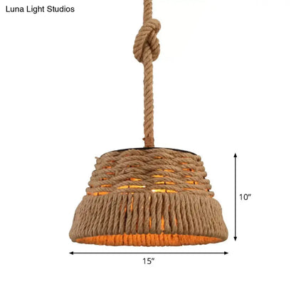 Rustic Hand-Weaving Rope Tapered Pendant in Brown for Country Club Ceiling Hang Light with 1 Bulb