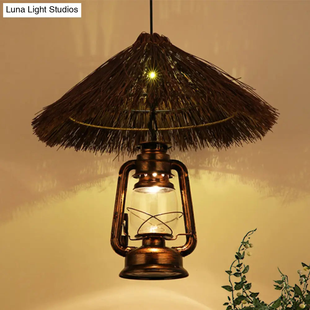 Rustic Hand-Woven Rattan Pendant Light with Lantern Shade for Dining Room