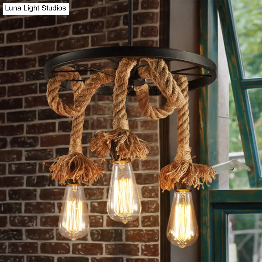 Rustic Hand-Wrapped Rope Chandelier with Decorative Wheel in Brown