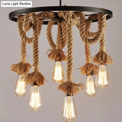 Rustic Hand-Wrapped Rope Chandelier with Decorative Wheel in Brown