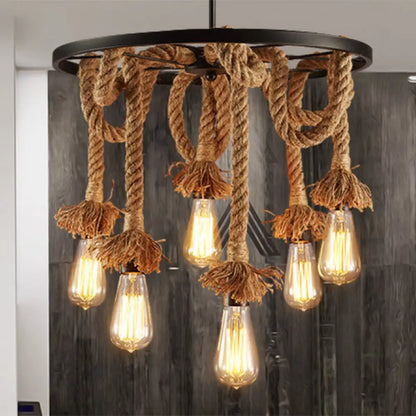 Rustic Hand-Wrapped Rope Chandelier with Decorative Wheel in Brown