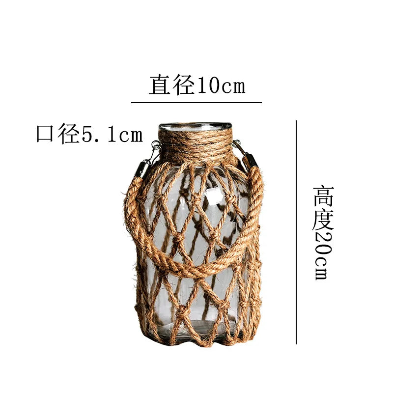 Rustic Hanging Glass Vase with Hemp Rope - 10x20x5 cm - Vase