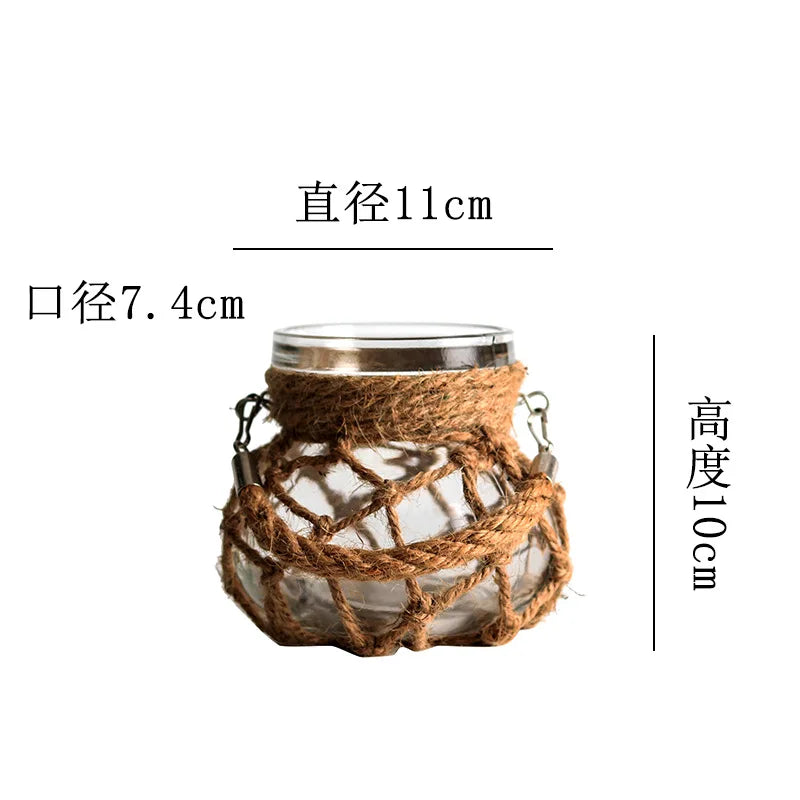 Rustic Hanging Glass Vase with Hemp Rope - 11x10x7 cm - Vase
