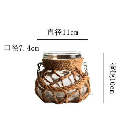 Rustic Hanging Glass Vase with Hemp Rope - 11x10x7 cm - Vase
