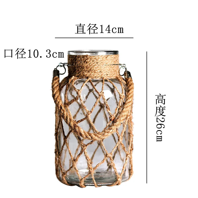 Rustic Hanging Glass Vase with Hemp Rope - 14x26x10 cm - Vase