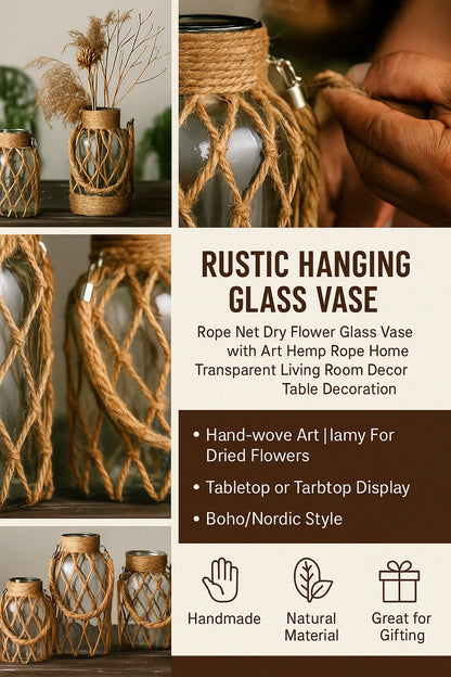 Rustic Hanging Glass Vase with Hemp Rope - Vase