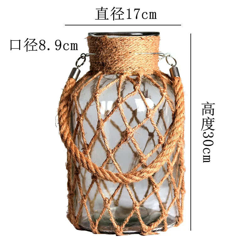 Rustic Hanging Glass Vase with Hemp Rope - 17x30x9 cm - Vase