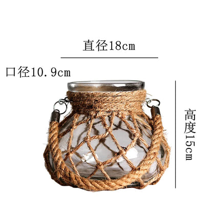Rustic Hanging Glass Vase with Hemp Rope - 18x15x10 cm - Vase