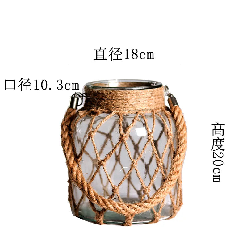 Rustic Hanging Glass Vase with Hemp Rope - 18x20x10 cm - Vase