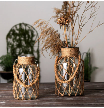 Rustic Hanging Glass Vase with Hemp Rope - Vase