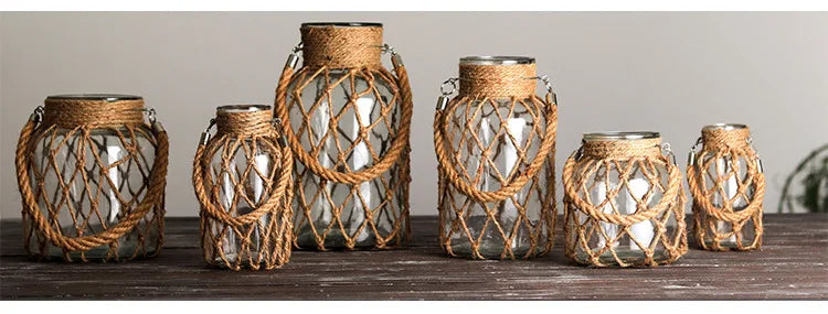 Rustic Hanging Glass Vase with Hemp Rope - Vase