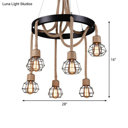 Rustic Hemp Rope Chandelier: Caged Sitting Room Pendant, 6-Light Circular Suspension, Brown