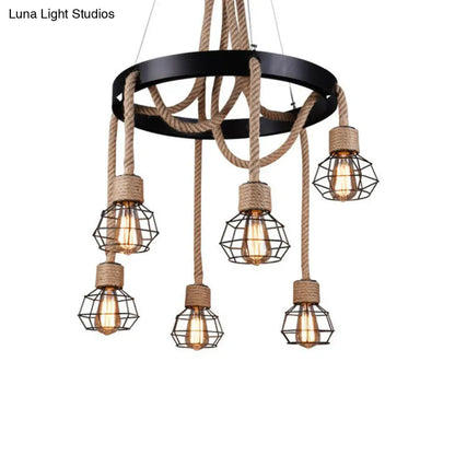 Rustic Hemp Rope Chandelier: Caged Sitting Room Pendant, 6-Light Circular Suspension, Brown