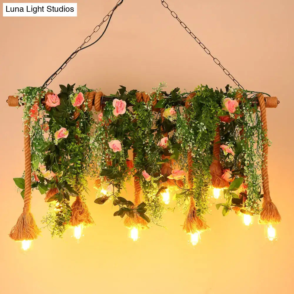 Decorbites rustic brown hemp rope ceiling light with 10 e26 e27 bulb bases adorned with greenery and pink roses