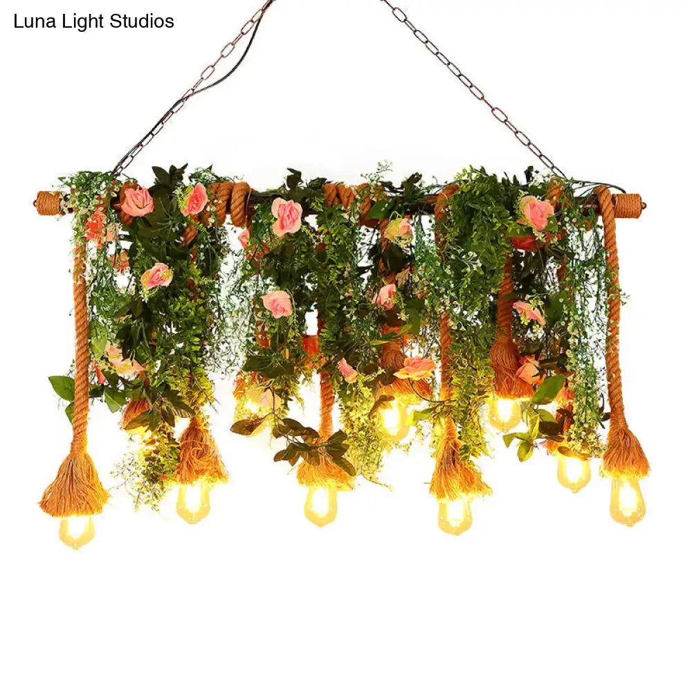 Decorbites rustic brown hemp rope ceiling light with 10 e26 e27 bulb base exposed bulbs and greenery decor
