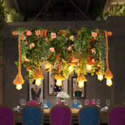 Decorbites rustic brown hemp rope ceiling light with 10 exposed e26 e27 bulb base featuring greenery and pink roses