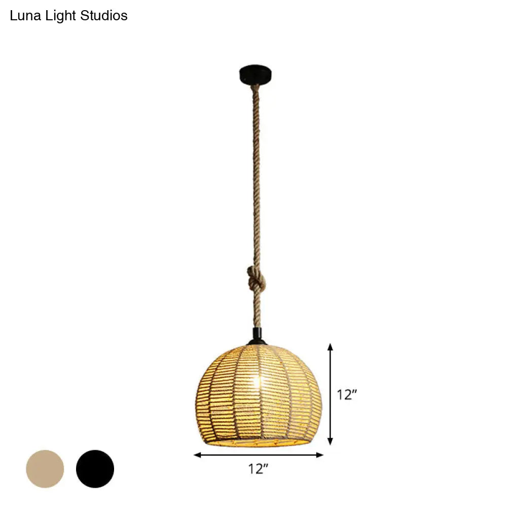 Rustic Hemp Rope Pendant Lamp for Dining Table - 1-Light, Black/Brown, 10"/12" Wide