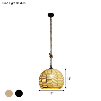 Rustic Hemp Rope Pendant Lamp for Dining Table - 1-Light, Black/Brown, 10"/12" Wide