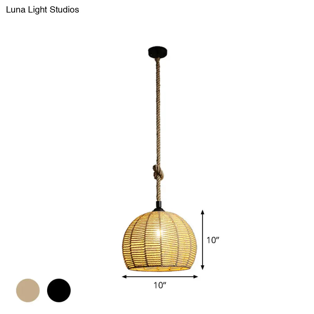 Rustic Hemp Rope Pendant Lamp for Dining Table - 1-Light, Black/Brown, 10"/12" Wide