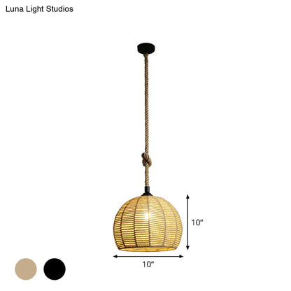 Rustic Hemp Rope Pendant Lamp for Dining Table - 1-Light, Black/Brown, 10"/12" Wide