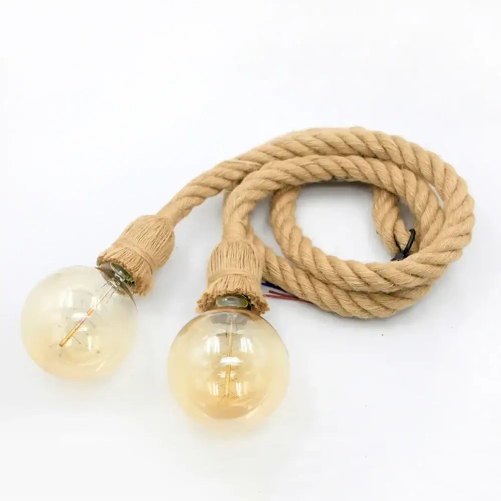 Beige hemp rope pendant light with two vintage glass bulbs for rustic dining room decorative lighting