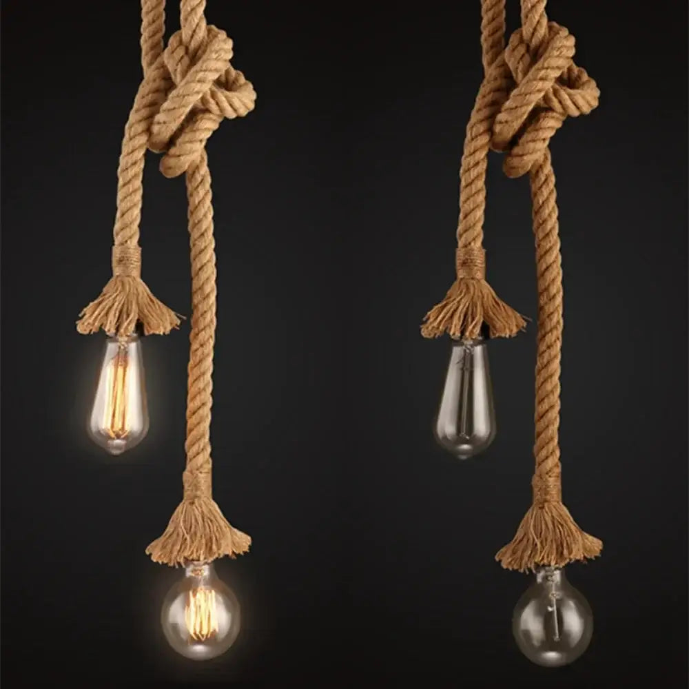 Two rustic pendant lights with natural hemp rope braided cords and clear glass bulbs for decorative lighting