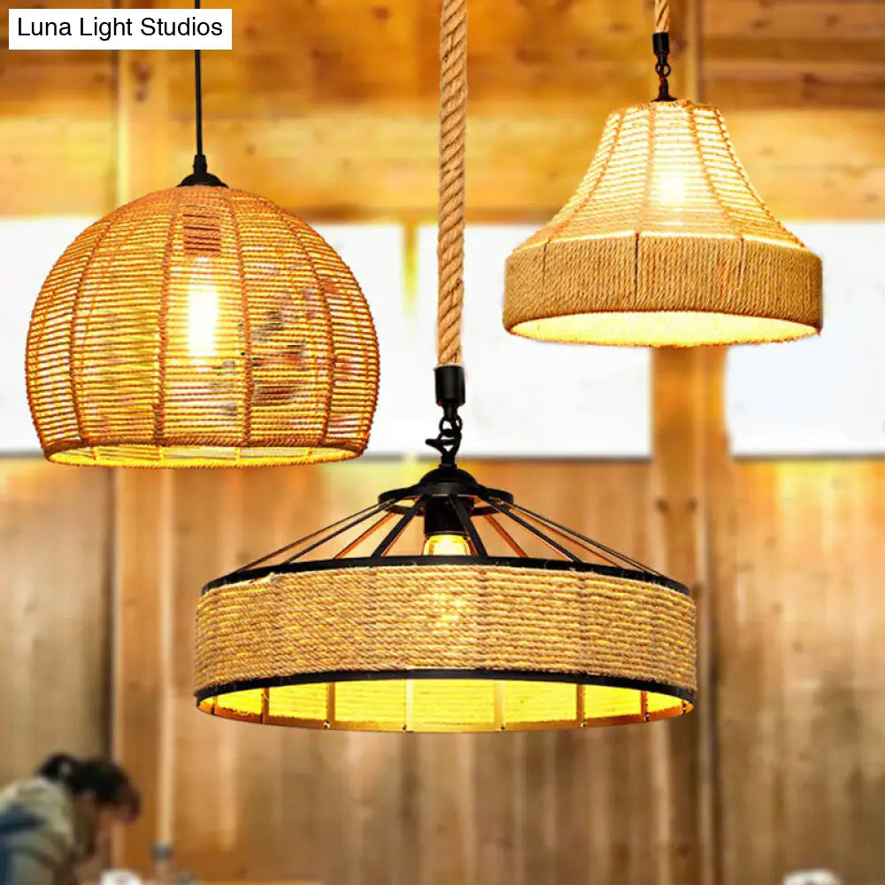 Rustic Hemp Rope Pendant Light Fixture - Brown, Restaurant Hanging Light with Shaded 1��Bulb