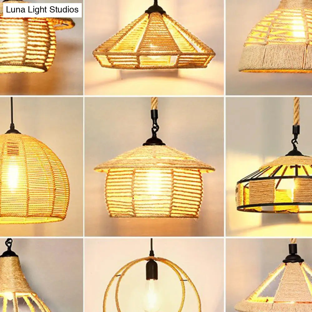 Rustic Hemp Rope Pendant Light Fixture - Brown, Restaurant Hanging Light with Shaded 1��Bulb