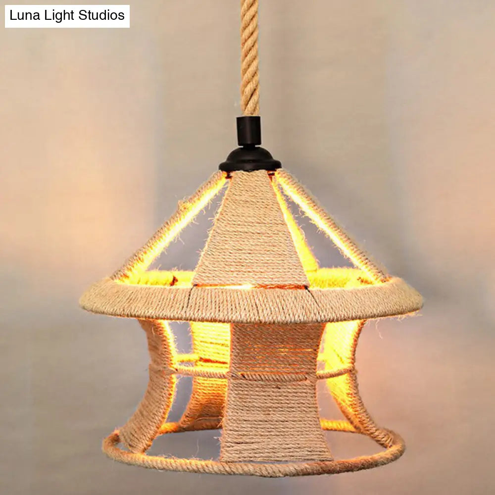 Rustic Hemp Rope Pendant Light Fixture - Brown, Restaurant Hanging Light with Shaded 1��Bulb