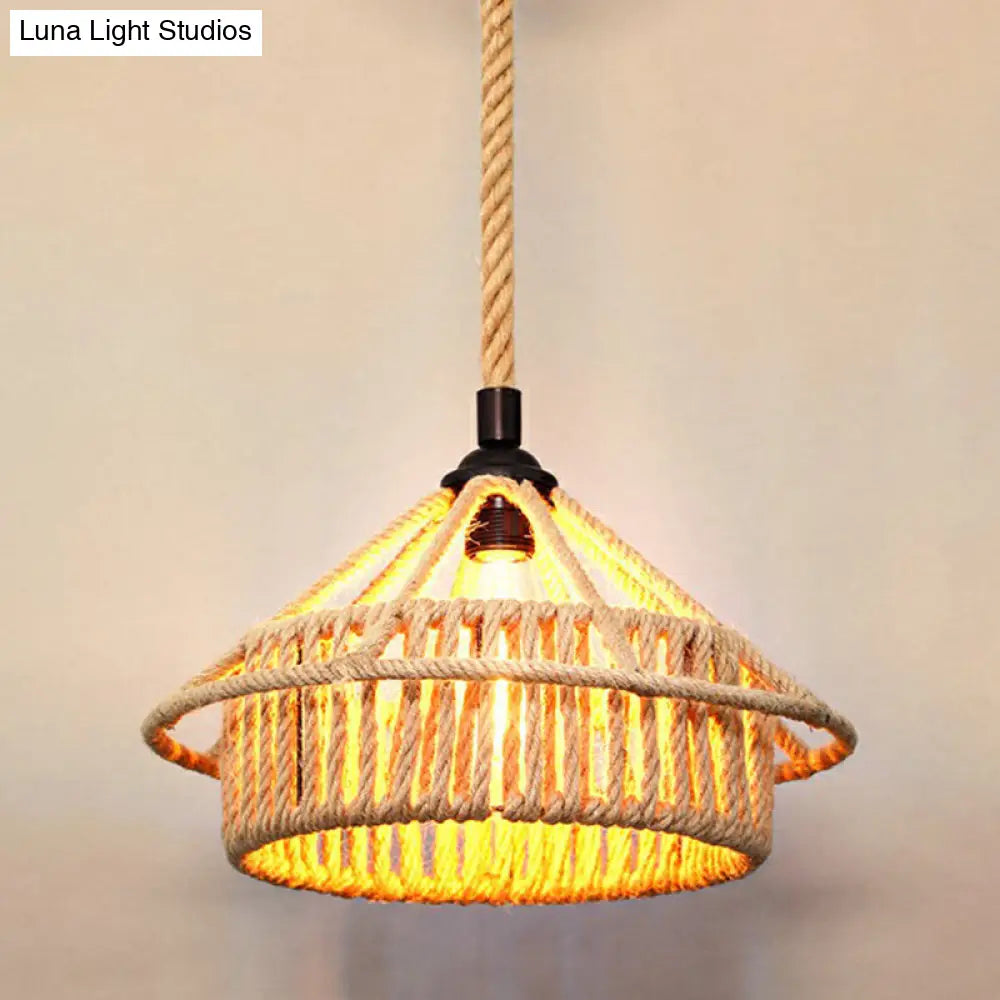 Rustic Hemp Rope Pendant Light Fixture - Brown, Restaurant Hanging Light with Shaded 1��Bulb