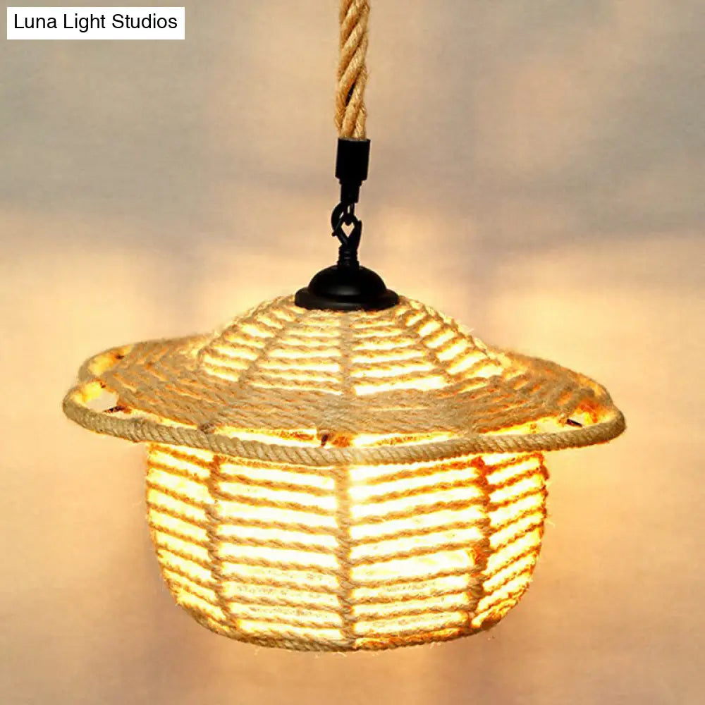 Rustic Hemp Rope Pendant Light Fixture - Brown, Restaurant Hanging Light with Shaded 1��Bulb