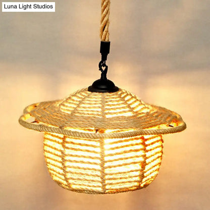 Rustic Hemp Rope Pendant Light Fixture - Brown, Restaurant Hanging Light with Shaded 1��Bulb