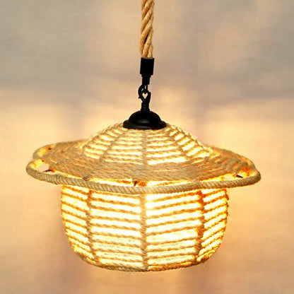 Rustic Hemp Rope Pendant Light Fixture - Brown, Restaurant Hanging Light with Shaded 1��Bulb