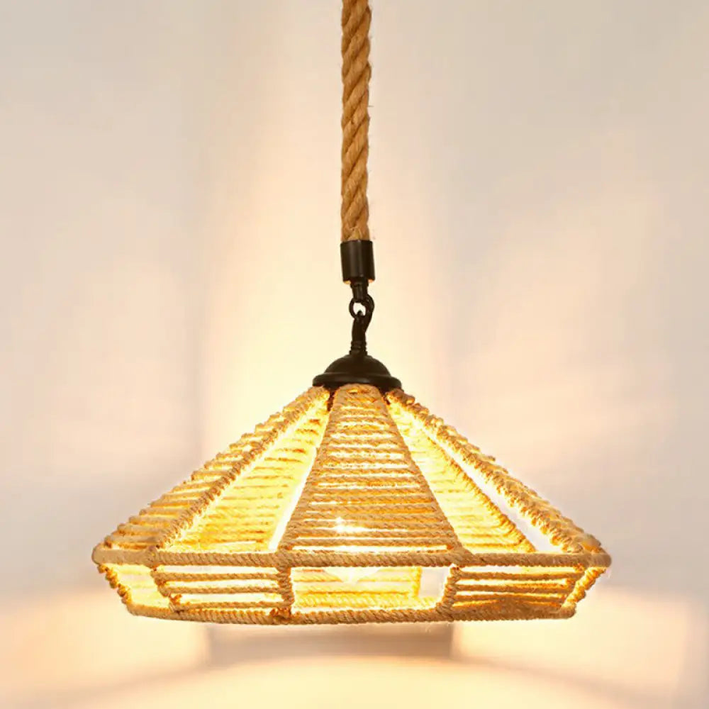 Rustic Hemp Rope Pendant Light Fixture - Brown, Restaurant Hanging Light with Shaded 1��Bulb