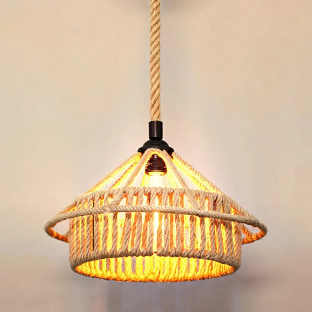 Rustic Hemp Rope Pendant Light Fixture - Brown, Restaurant Hanging Light with Shaded 1��Bulb