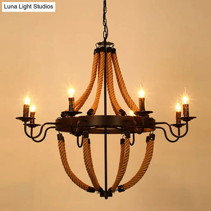 Rustic Hemp Rope Restaurant Chandelier with Black Dangling Suspension Light