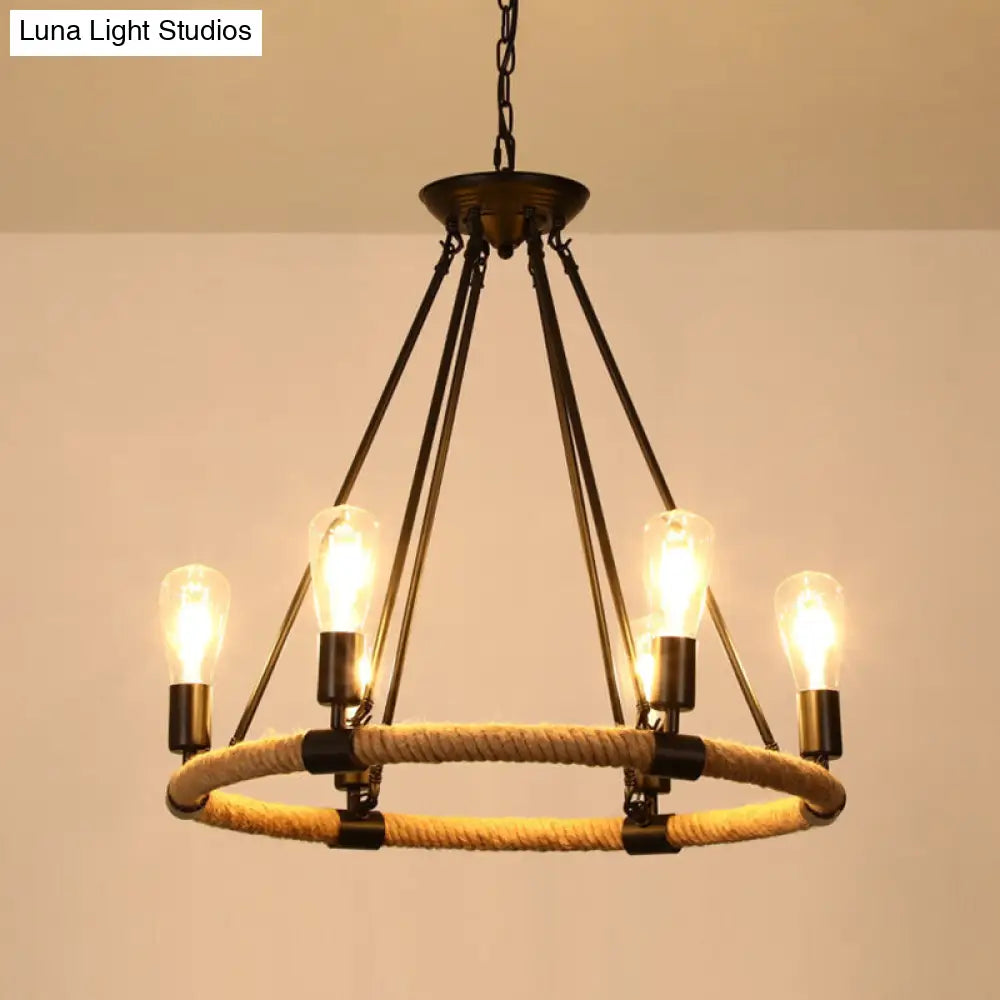 Rustic Hemp Rope Restaurant Chandelier with Black Dangling Suspension Light