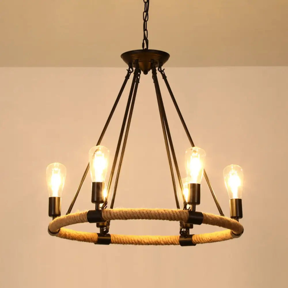 Rustic Hemp Rope Restaurant Chandelier with Black Dangling Suspension Light