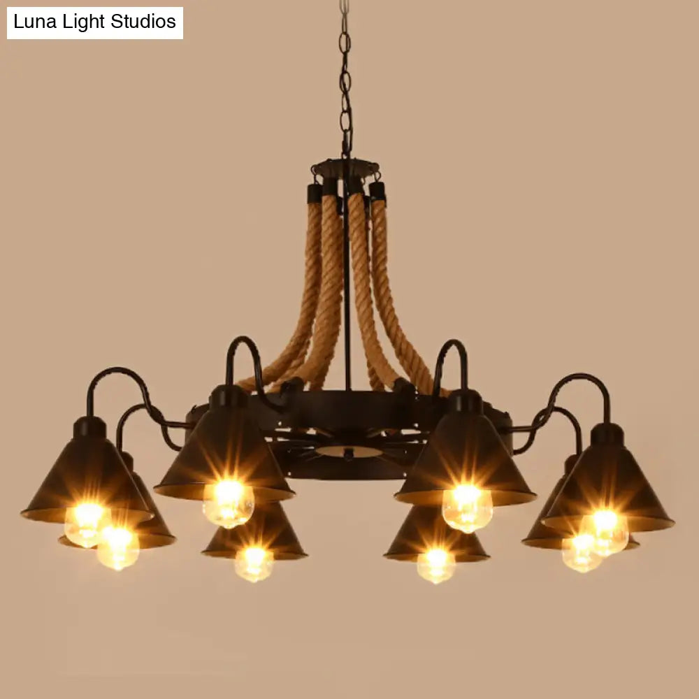 Rustic Hemp Rope Restaurant Chandelier with Black Dangling Suspension Light